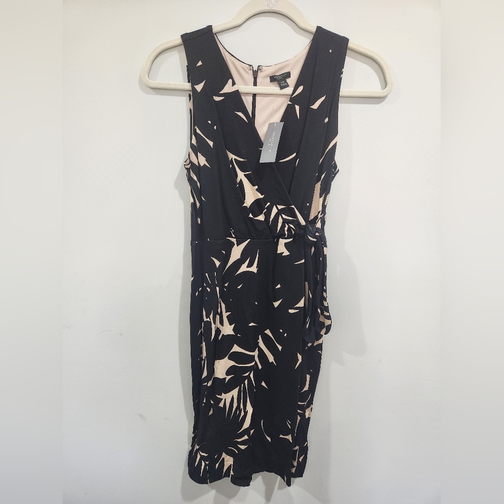NWT LOFT Elegant Black and Cream Faux Wrap Dress